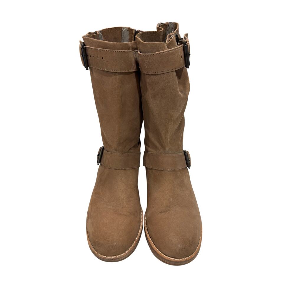 Eileen Fisher Log Two Buckle Mid Shaft Boots Sz 7 beige suede Side Back Zip Moto